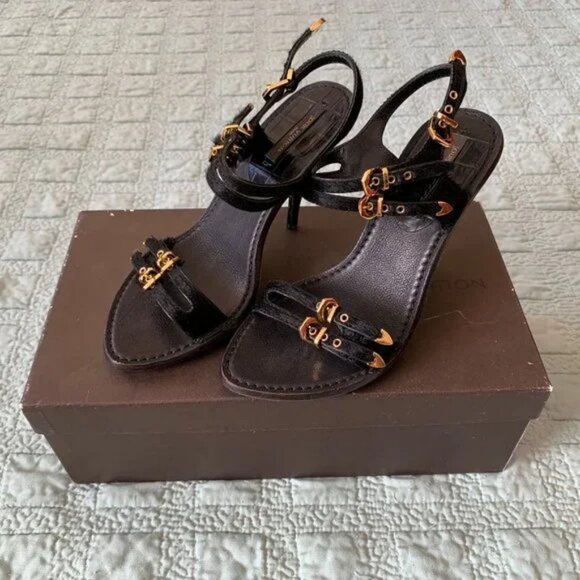 READ DESCR Louis Vuitton Black Tupelo Sandals Calf Leather w/ Box Size 34.5 Rubb - Picture 1 of 10